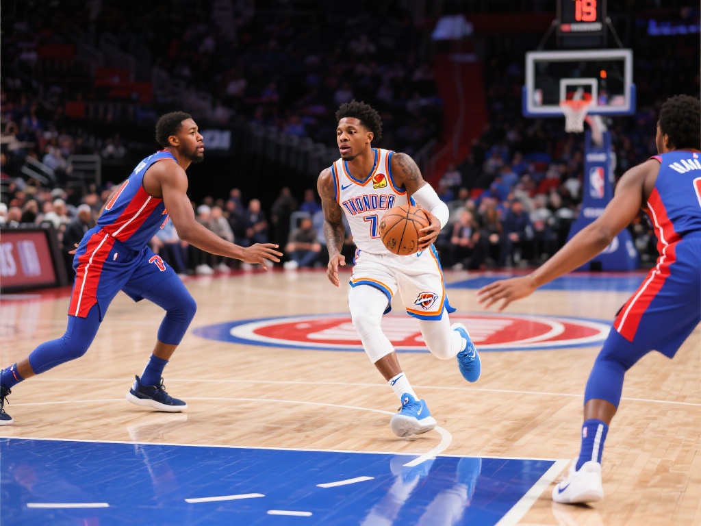 施罗德绝妙突破上篮得分,雷霆半场领先活塞6分 面对雷霆的快攻优势,活塞在防守端显得略显